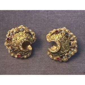 Costume Jewelry Crescent Moon Clip Earrings Faux Jewels Signed ART AS IS READ